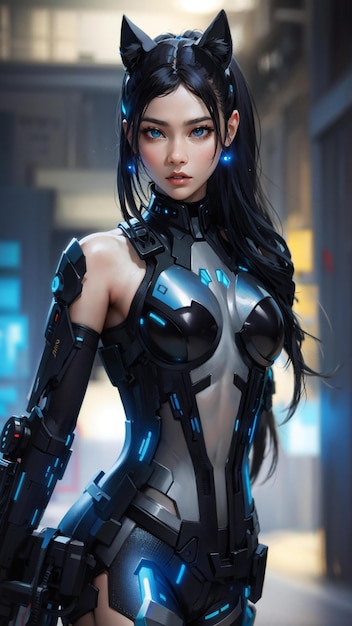 a woman in a futuristic costume with a blue and black body.