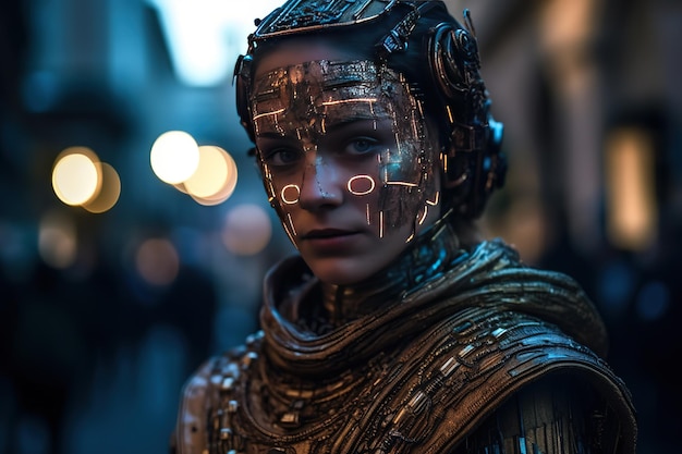 A woman in a futuristic costume with a face mask and a sign that says'alien '