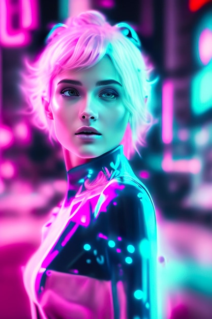 Woman in futuristic cyberpunk city with neon lights in the background generative ai