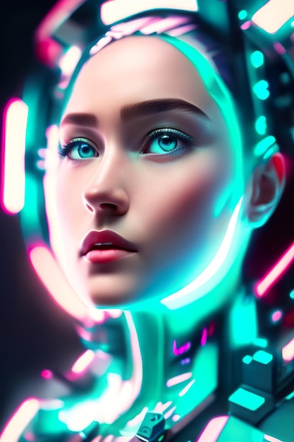 Woman in futuristic cyberpunk city with neon lights in the background Generative AI