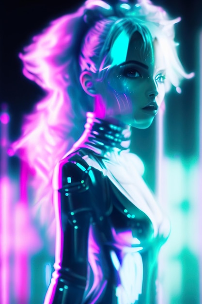 Woman in futuristic cyberpunk city with neon lights in the background Generative AI