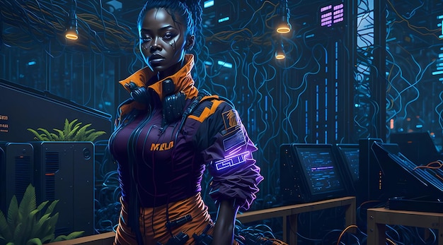 Foto una donna in stile futuristico cyberpunk con uno sfondo al neon e una donna che indossa un abito viola.