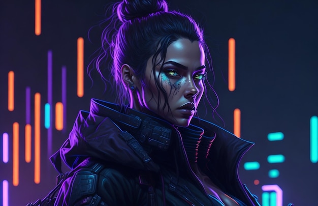 Photo a woman in a futuristic cyberpunk style with neon lights
