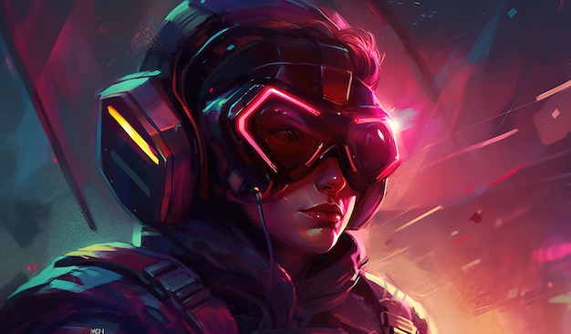 A woman in a futuristic helmet with the word heroes on it