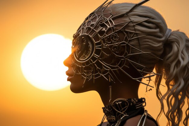 a woman in a futuristic mask with a sun in the background
