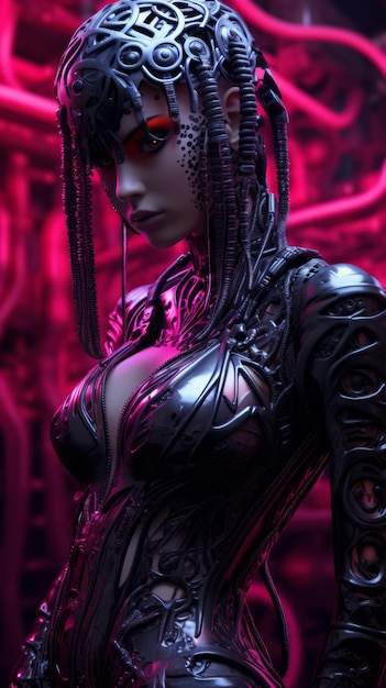 a woman in a futuristic outfit standing in front of pink neon lights