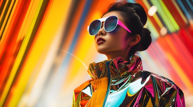 A woman in futuristic outfit with goggles on colorful background