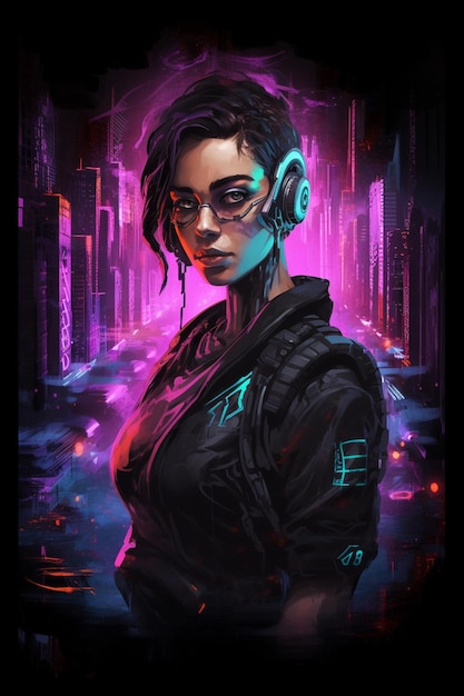 A woman in a futuristic outfit with a neon sign that says cyberpunk.