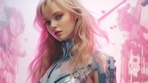 a woman in a futuristic outfit with pink hair