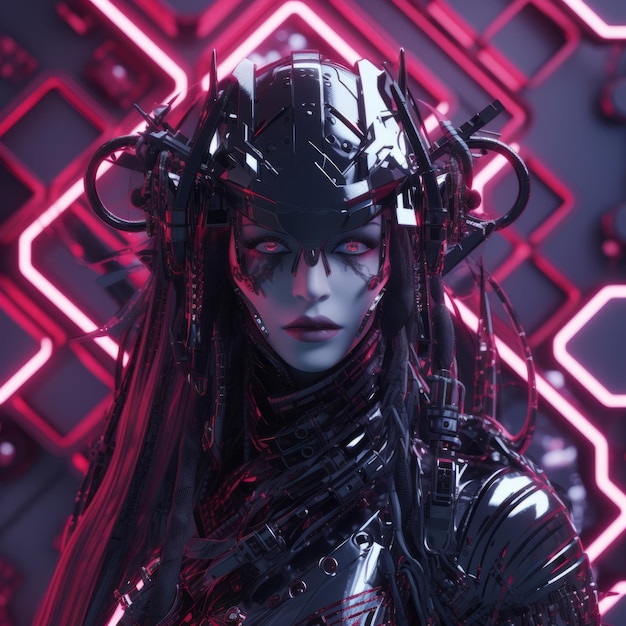 a woman in a futuristic outfit with red neon lights