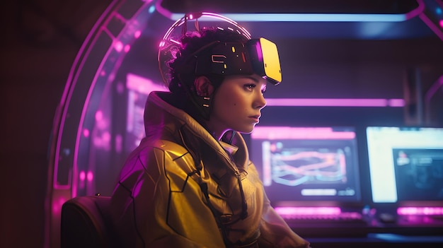 A woman in a futuristic space suit sits in a futuristic space suit.