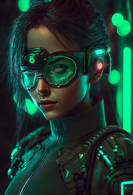 Photo woman in a futuristic suit and goggles with green neon ligths