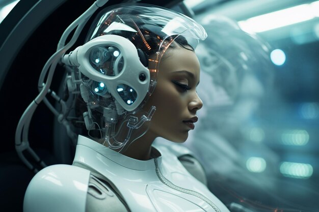 a woman in a futuristic suit is looking Cyborg in futuristic ride