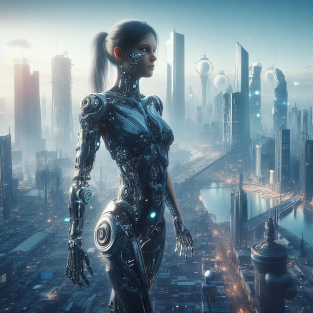 a woman in a futuristic suit standing in front of a city