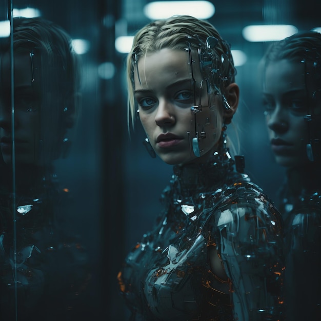 a woman in a futuristic suit standing in front of a mirror