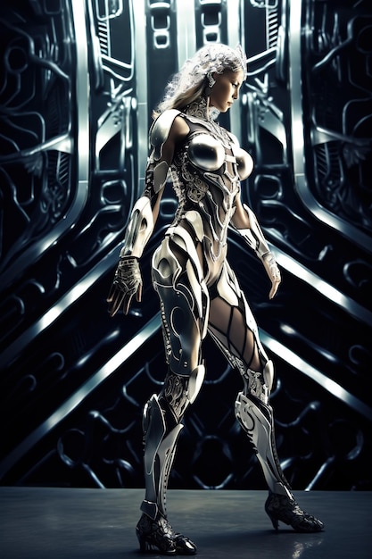 A woman in a futuristic suit stands in front of a black background.