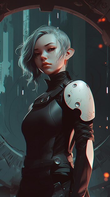 A woman in a futuristic suit stands in front of a futuristic cyberpunk style.