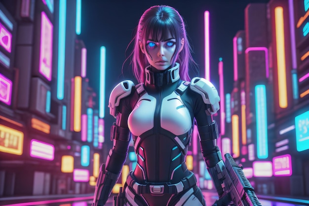 A woman in a futuristic suit stands in front of a neon city.