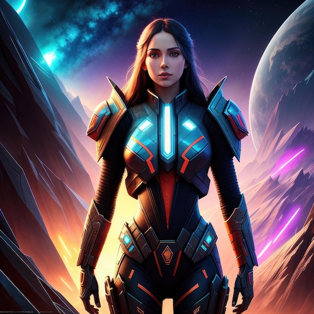 A woman in a futuristic suit stands in front of a planet.