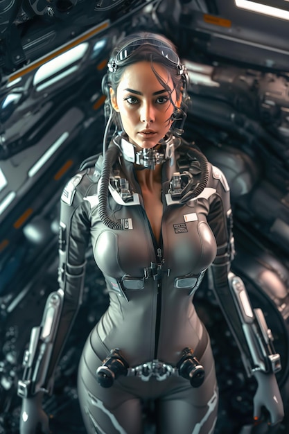 A woman in a futuristic suit stands in front of a spaceship.