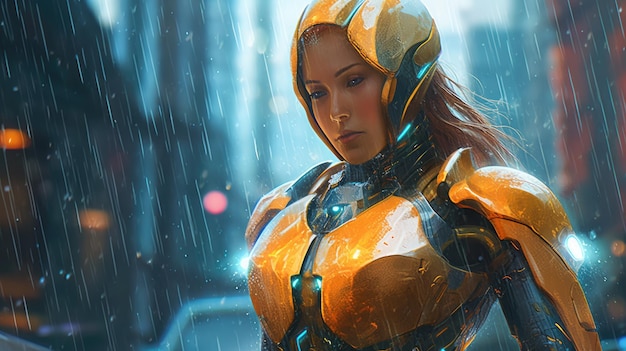 A woman in a futuristic suit stands in the rain.