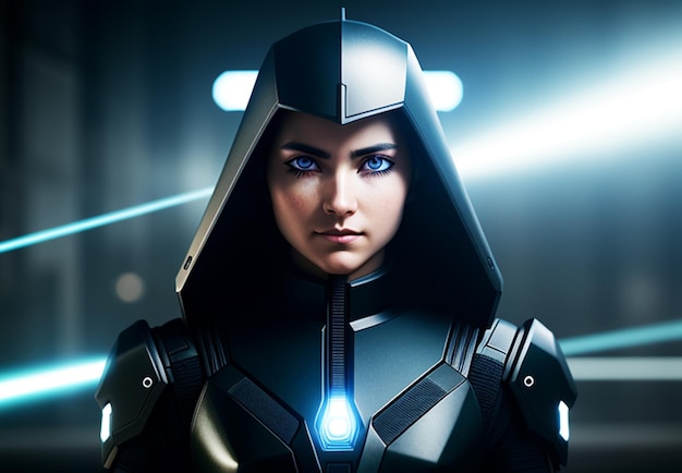 A woman in a futuristic suit with a blue eyes stands in front of a futuristic background.