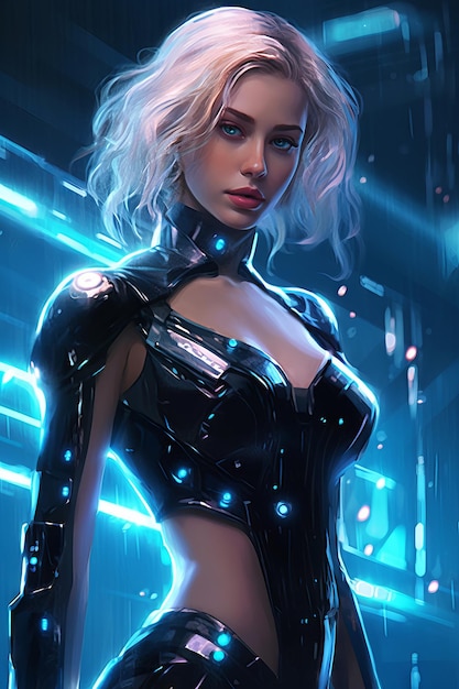 A woman in a futuristic suit with a blue light on her chest