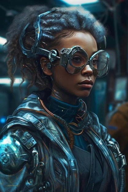 A woman in a futuristic suit with glasses and a futuristic look.