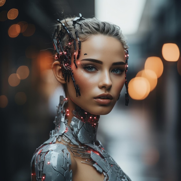 a woman in a futuristic suit with glowing lights on her face