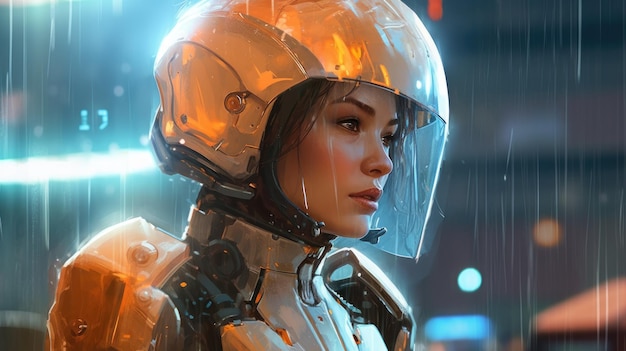 A woman in a futuristic suit with a helmet on her head