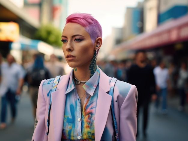 A woman in a futuristic suit with a pink hair generative ai