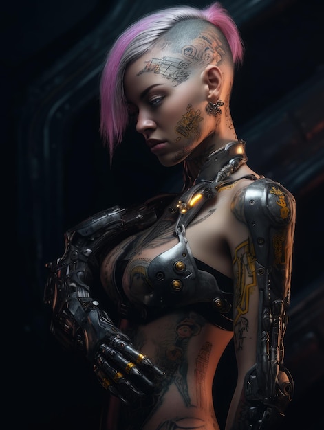 A woman in a futuristic suit with a robot on her chest