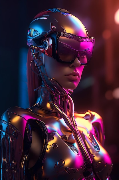 A woman in a futuristic suit with sunglasses and a pink and purple light