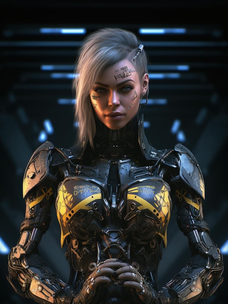 A woman in a futuristic suit with the word cyberpunk on the forehead