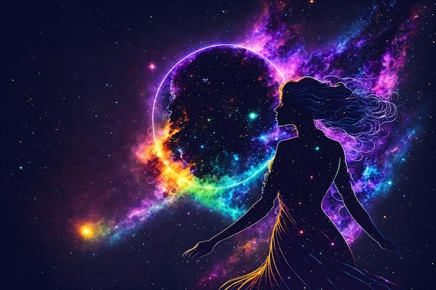 A woman in a galaxy with the sun behind her