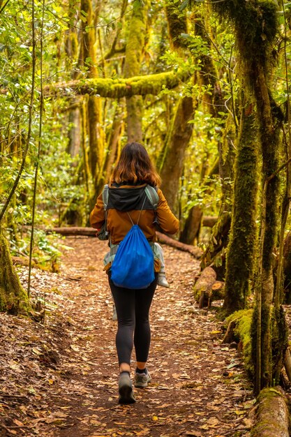라 고메라 카나리아 제도에 있는 숲의 자연 공원 가라호네이 트레일에 있는 여성 라소 데 라 브루마와 리스퀼로스 데 코르고 트레일