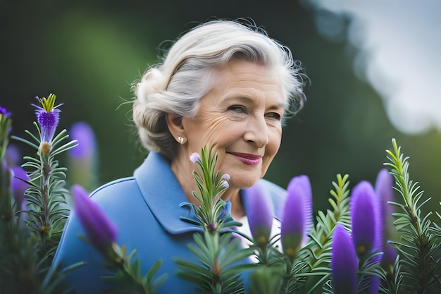 紫の花の庭にいる女性