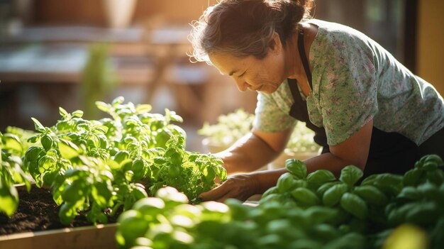 庭で植物の世話をする女性