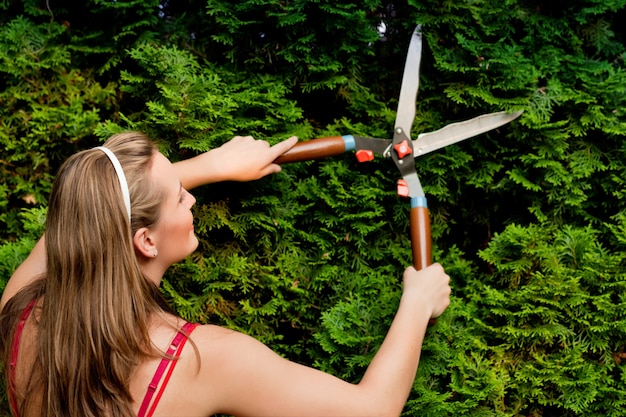 Woman in garden trimming hedge