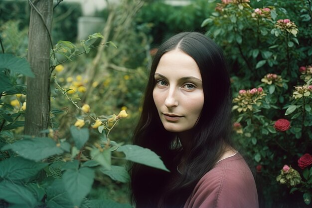 A woman in a garden with flowers and a red shirt