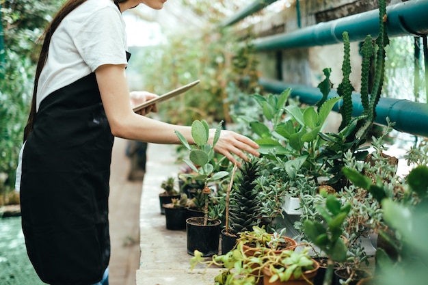 Woman gardener in apron working in a garden center using tablet computer.