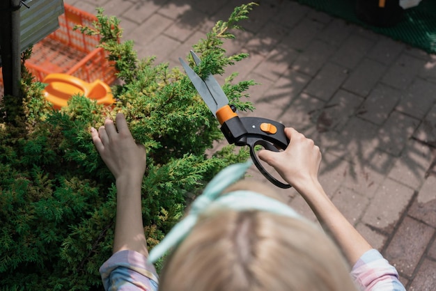 Женщина-садовник режет кустарники в саду с помощью триммера