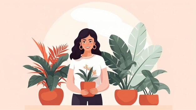 Woman gardener among houseplants Indoor gardening