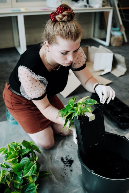 緑の家の観葉植物に水をまく女性の庭師