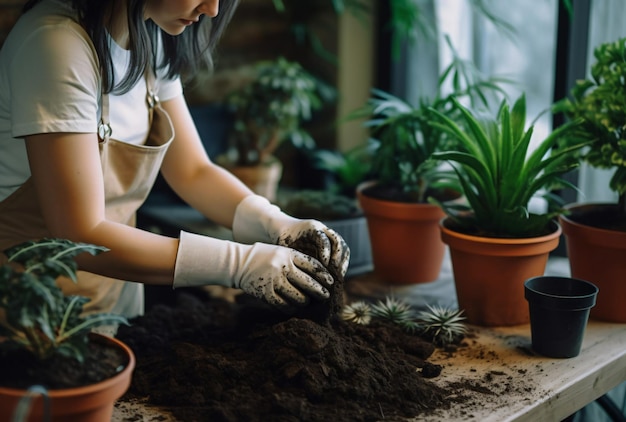 A woman gardener with apron an white gloves planting young plants in soil