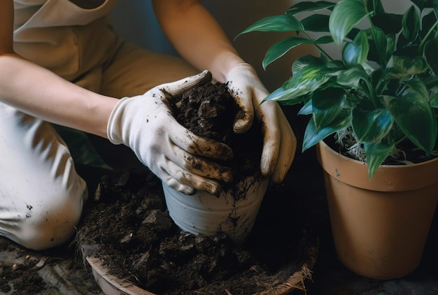 エプロンと白い手袋をした女性庭師が土に若い植物を植える