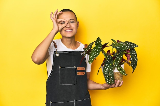 Photo woman gardener with plant yellow studio background excited keeping ok gesture on eye