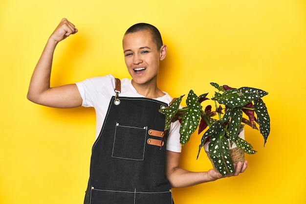 Woman gardener with plant yellow studio background raising fist after a victory winner concept