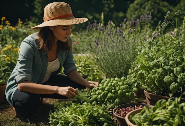 A woman gardener works diligently in a green garden bed the scene captures the essence of
