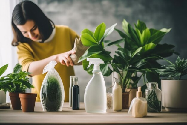 Foto donna giardiniera donna cura della casa giovane verde